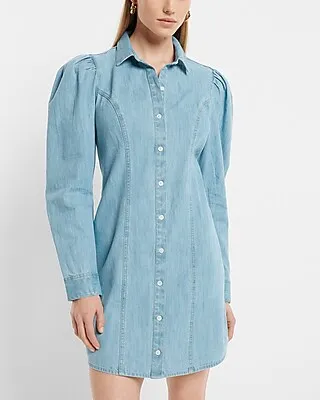 Casual Denim Puff Sleeve Button Front Mini Shirt Dress Blue Women's XS