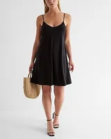 V-Neck Mini Slip Dress Cover Up Black Women's XS