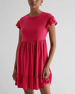 Casual Crew Neck Ruffle Mini Babydoll Dress Pink Women's XS