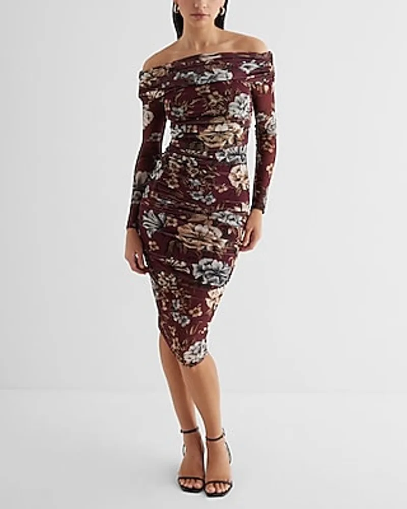 Express Cocktail & Party Body Contour Mesh Floral Off The Shoulder Ruched  Midi Dress Red Women's XL