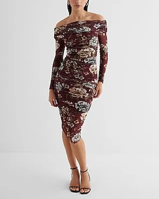 Cocktail & Party Body Contour Mesh Floral Off The Shoulder Ruched Midi Dress