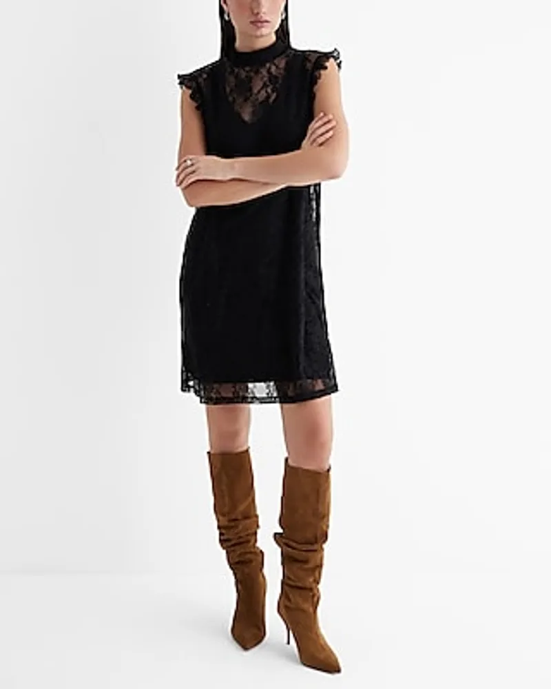 Date Night,Cocktail & Party Lace Mock Neck Flutter Sleeve Mini Tunic Shift Dress Black Women's M