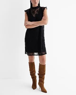 Date Night,Cocktail & Party Lace Mock Neck Flutter Sleeve Mini Tunic Shift Dress