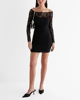 Cocktail & Party,Date Night Lace Off The Shoulder Long Sleeve Mini Dress Black Women's S