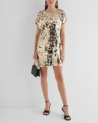 Cocktail & Party Sequin Crew Neck Short Sleeve Tunic Shift Dress