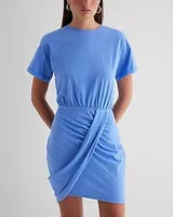 Casual Crew Neck Short Sleeve Draped T-Shirt Dress Blue Women's XS