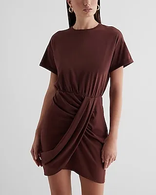 Casual Crew Neck Short Sleeve Draped T-Shirt Dress Women's XS