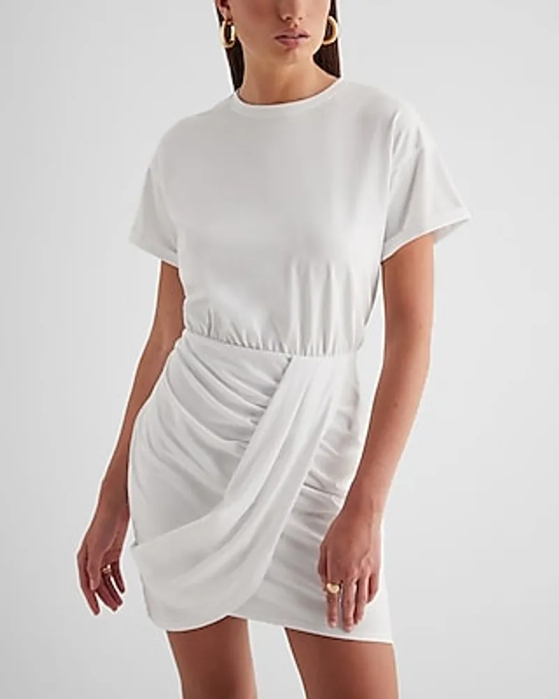 Express Casual Crew Neck Short Sleeve Draped T-Shirt Dress White Women's M  | Hamilton Place