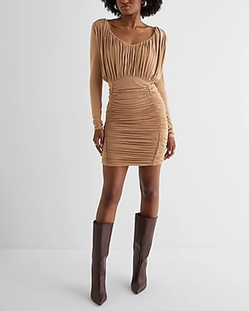 Cocktail & Party Shine V-Neck Long Sleeve Ruched Mini Dress Brown Women's XS