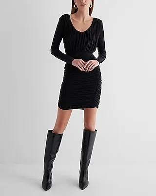 Cocktail & Party,Date Night V-Neck Long Sleeve Ruched Mini Dress Black Women's XS