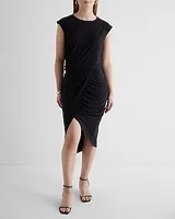 Work Crew Neck Cap Sleeve Ruched Draped Midi Dress Women's