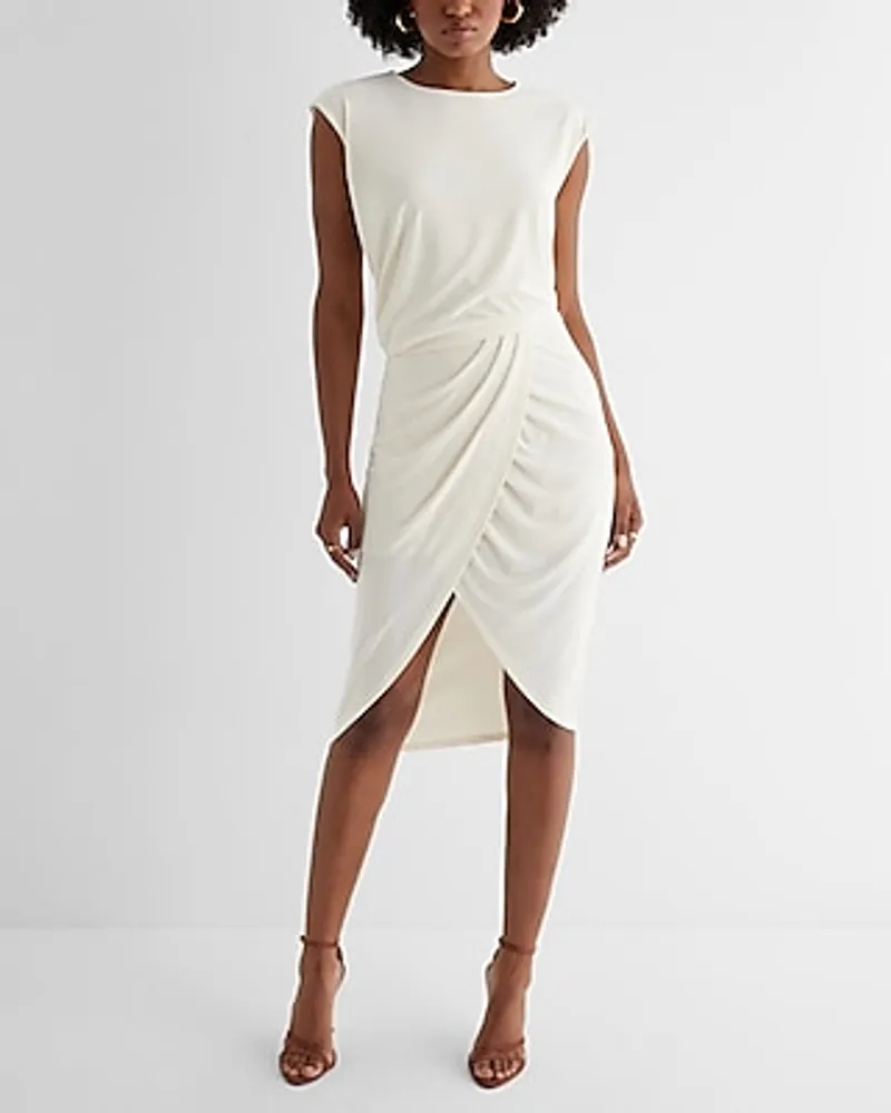 Work Crew Neck Cap Sleeve Ruched Draped Midi Dress