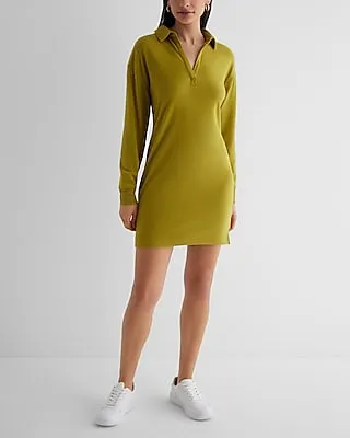 Casual V-Neck Long Sleeve Mini Polo Dress Green Women's L