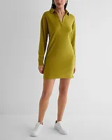 Casual V-Neck Long Sleeve Mini Polo Dress Green Women's S