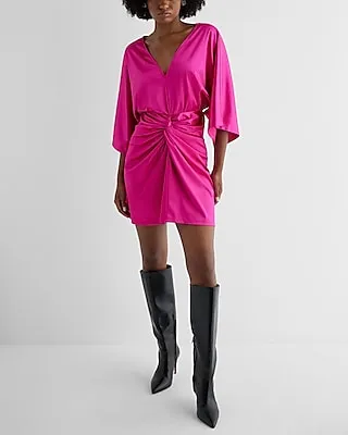 Cocktail & Party,Date Night Satin V-Neck Twist Front Mini Dress Pink Women's XL