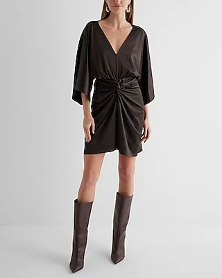 Cocktail & Party,Date Night Satin V-Neck Twist Front Mini Dress Brown Women's