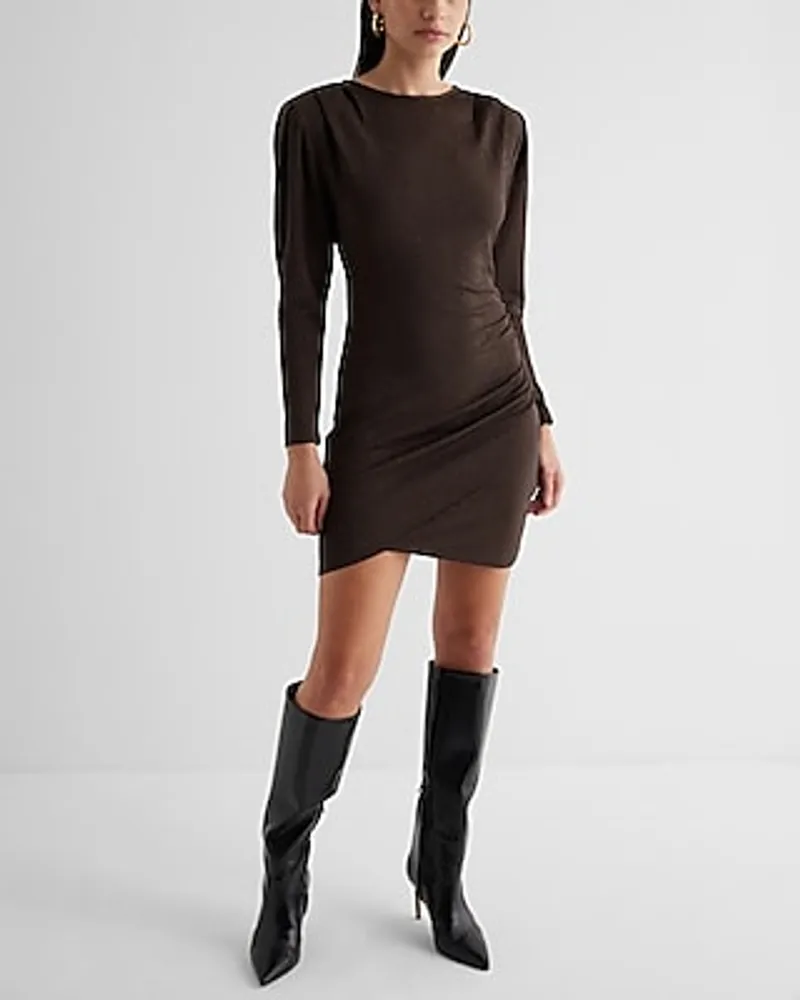 Cocktail & Party Textured Padded Shoulder Ruched Mini Dress Brown Women's M