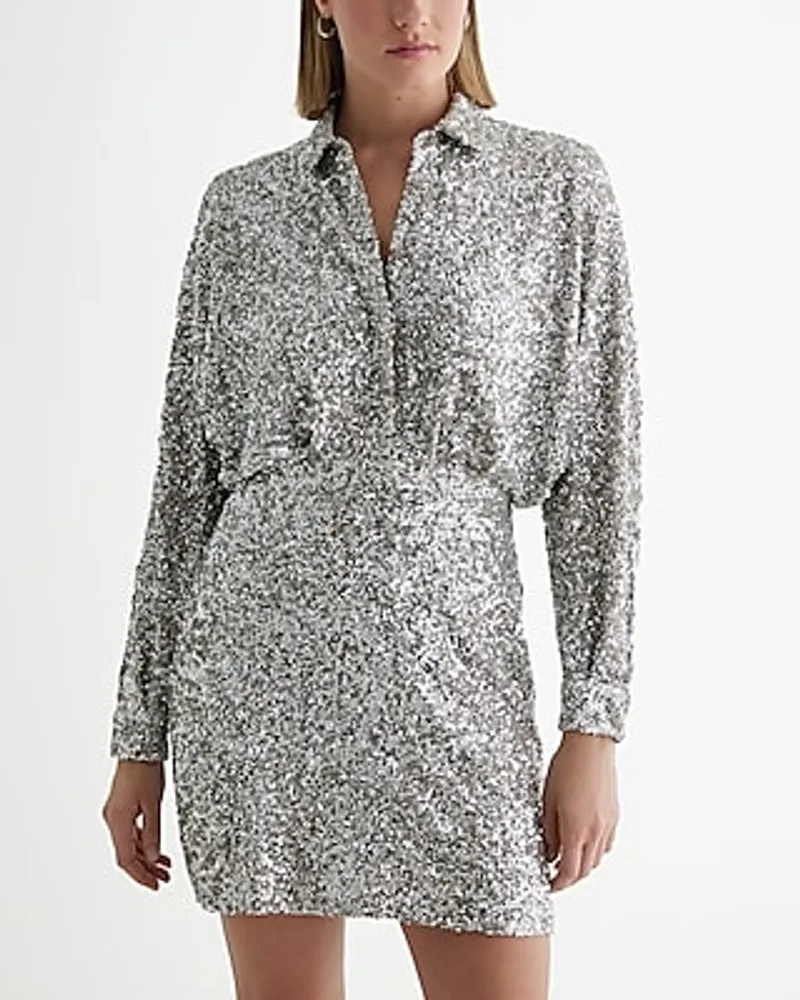 Cocktail & Party Sequin Half Button Up Mini Portofino Shirt Dress