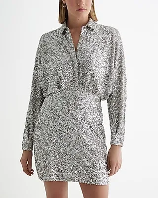 Cocktail & Party Sequin Half Button Up Mini Portofino Shirt Dress Neutral Women's S