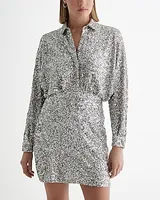 Cocktail & Party Sequin Half Button Up Mini Portofino Shirt Dress Neutral Women's S