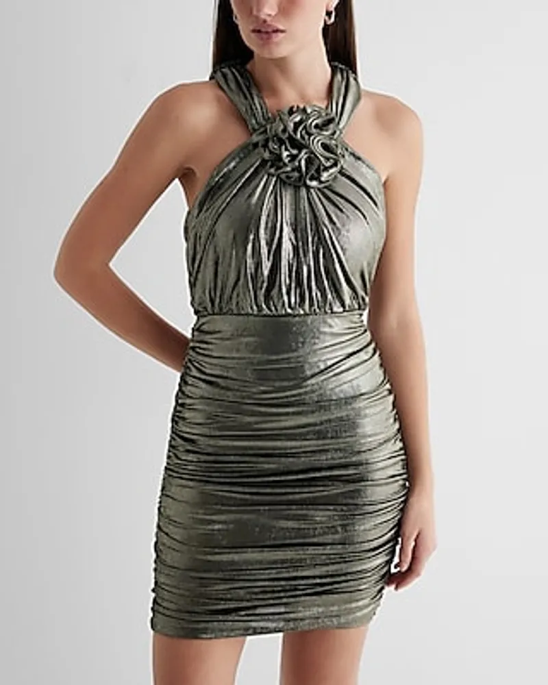 Cocktail & Party Metallic Rosette Halter Ruched Mini Dress