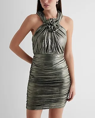 Cocktail & Party Metallic Rosette Halter Ruched Mini Dress Gray Women's S