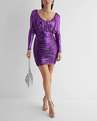 Cocktail & Party Metallic V-Neck Long Sleeve Ruched Mini Dress Pink Women's XS