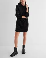 Casual Velour Long Sleeve Mini Hoodie Dress Black Women's