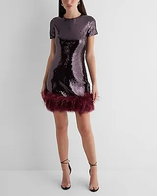 Cocktail & Party Sequin Crew Neck Feather Hem Mini Dress Red Women's XS