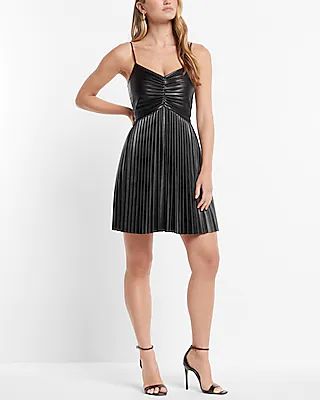 Cocktail & Party Faux Leather V-Neck Pleated Fit And Flare Mini Dress