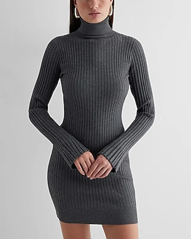 express grey sweater dress Ribbed Knit Cowl Neck Long Sleeve Midi Shift Dress