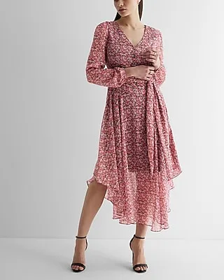 Casual Floral Button Front Tie Waist Midi Dress