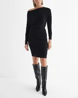 Casual Ribbed Off The Shoulder Long Sleeve Mini Sweater Dress Black Women's