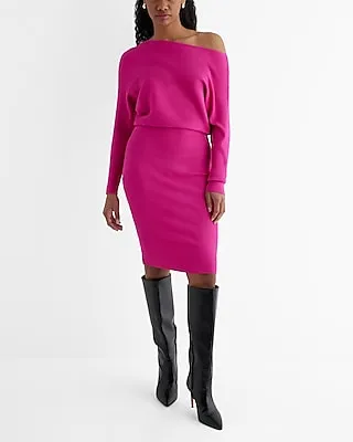 Casual Ribbed Off The Shoulder Long Sleeve Mini Sweater Dress Pink Women's M
