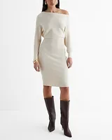 Casual Ribbed Off The Shoulder Long Sleeve Mini Sweater Dress Neutral Women's L