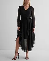 Casual V-Neck Button Front Tie Waist Midi Dress Black Women's XS