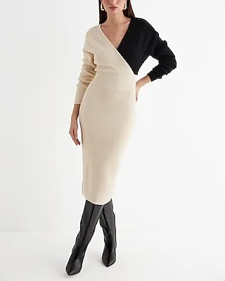 Cocktail & Party Color Block Ribbed V-Neck Surplice Midi Sweater Dress