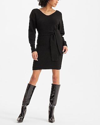 Casual V-Neck Long Sleeve Belted Sweater Dress Black Women's L