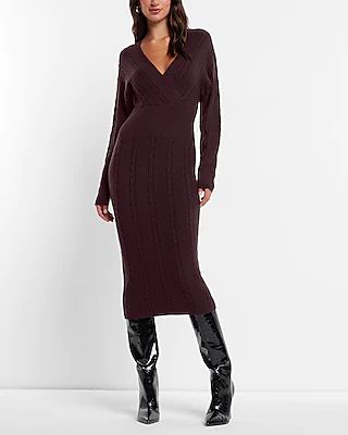 Cocktail & Party Cable Knit V-Neck Long Sleeve Midi Sweater Dress