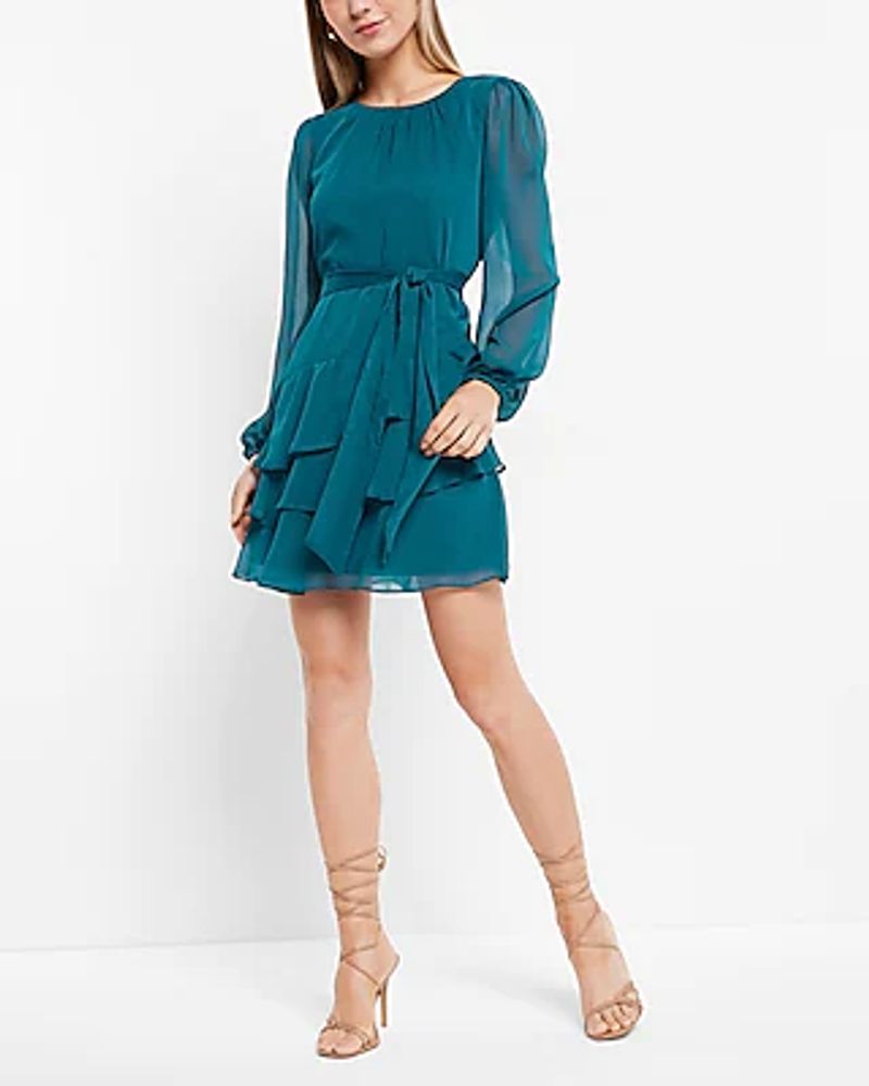 Work Long Sleeve Tie Waist Tiered Ruffle Mini Dress