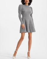 Casual Crew Neck Puff Sleeve Satin Tie Back Sweater Dress Gray Women's