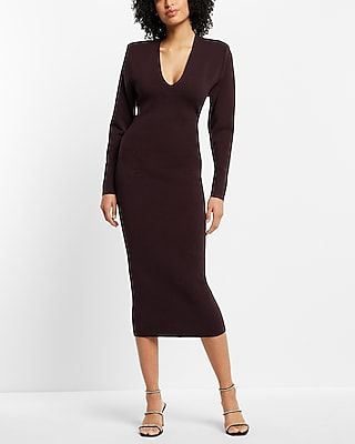 Casual V-Neck Long Sleeve Padded Shoulder Back Cutout Midi Sweater Dress