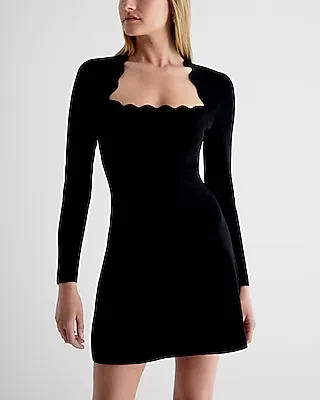 Cocktail & Party,Work Square Neck Open Back Scalloped Mini Sweater Dress Black Women's XL