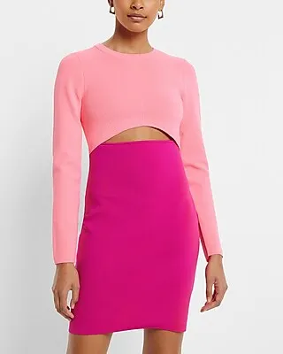 Cocktail & Party Body Contour Long Sleeve Color Block Cutout Mini Sweater Dress Pink Women's XL