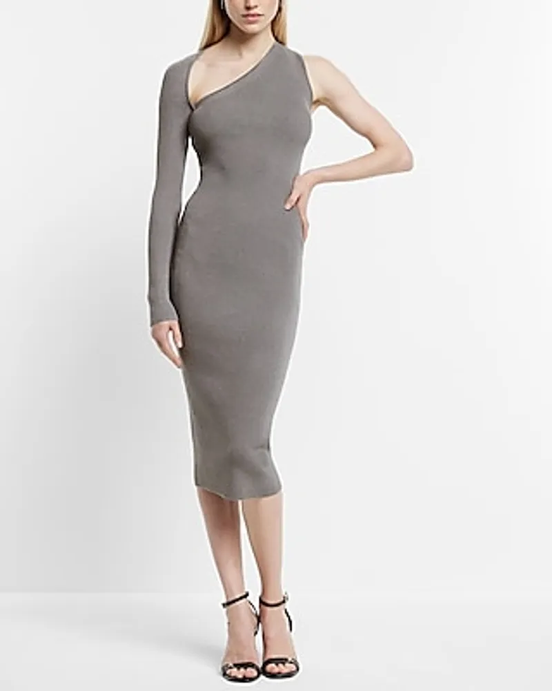 Cocktail & Party Body Contour Ribbed Asymmetrical One Shoulder Midi Sweater Dress Gray Women's XL