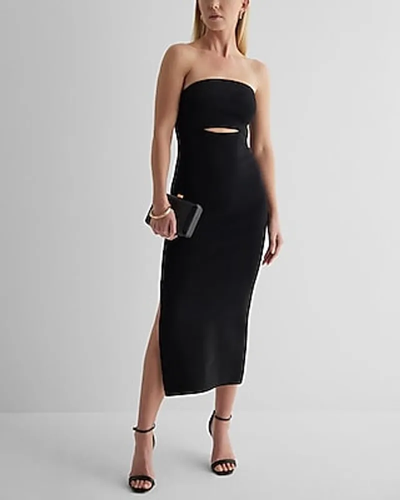 Express Cocktail & Party Body Contour Strapless Cutout Midi Sweater Dress