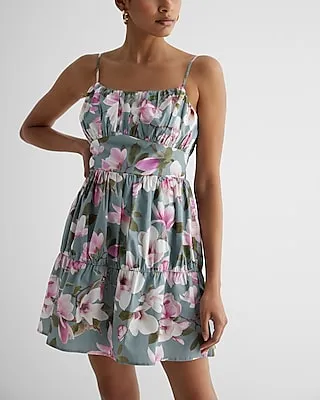 Casual Floral Ruched Tiered Poplin Mini Dress