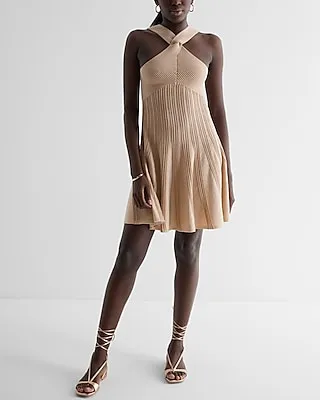 Casual Metallic Ribbed Twist Halter Neck Fit And Flare Sweater Dress