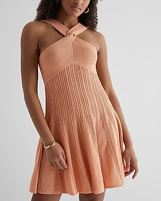 Casual Metallic Ribbed Twist Halter Neck Fit And Flare Sweater Dress Orange Women's XL