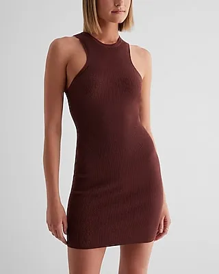 Casual Ribbed High Neck Mini Sweater Dress Brown Women's L